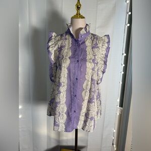 Mazik Lavender Floral Ruffle Sleeve Button Down Blouse Women’s Medium